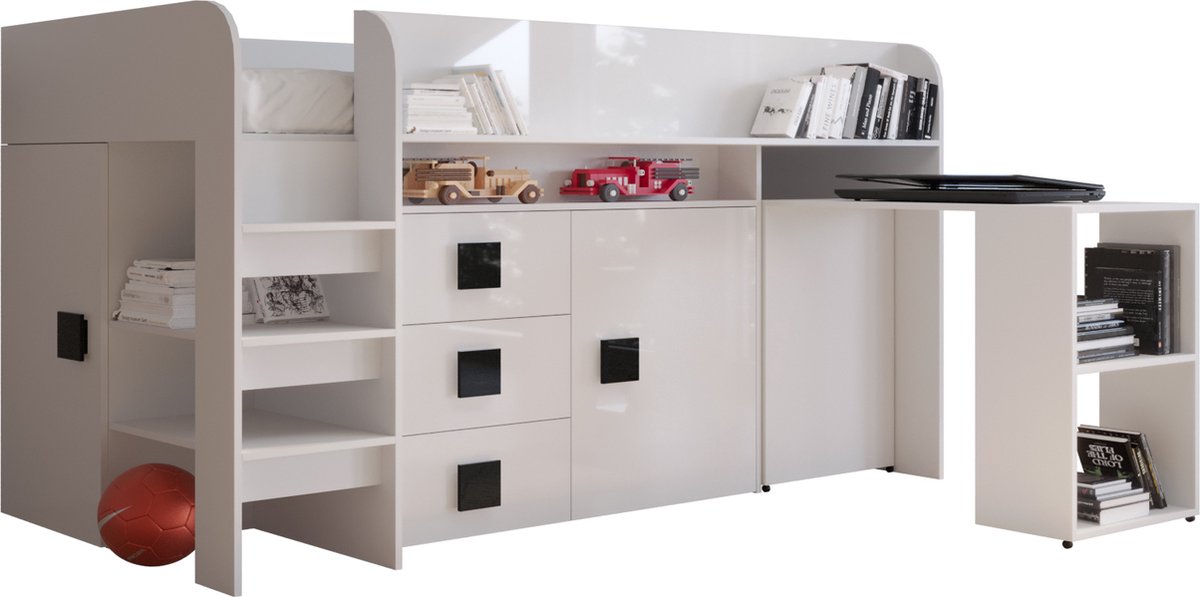 Stapelbed LEDO 1 - Antresola - 90X200 cm - naar de Kinderkamer - Wit + Zwarte handvatten (zonder Matras)