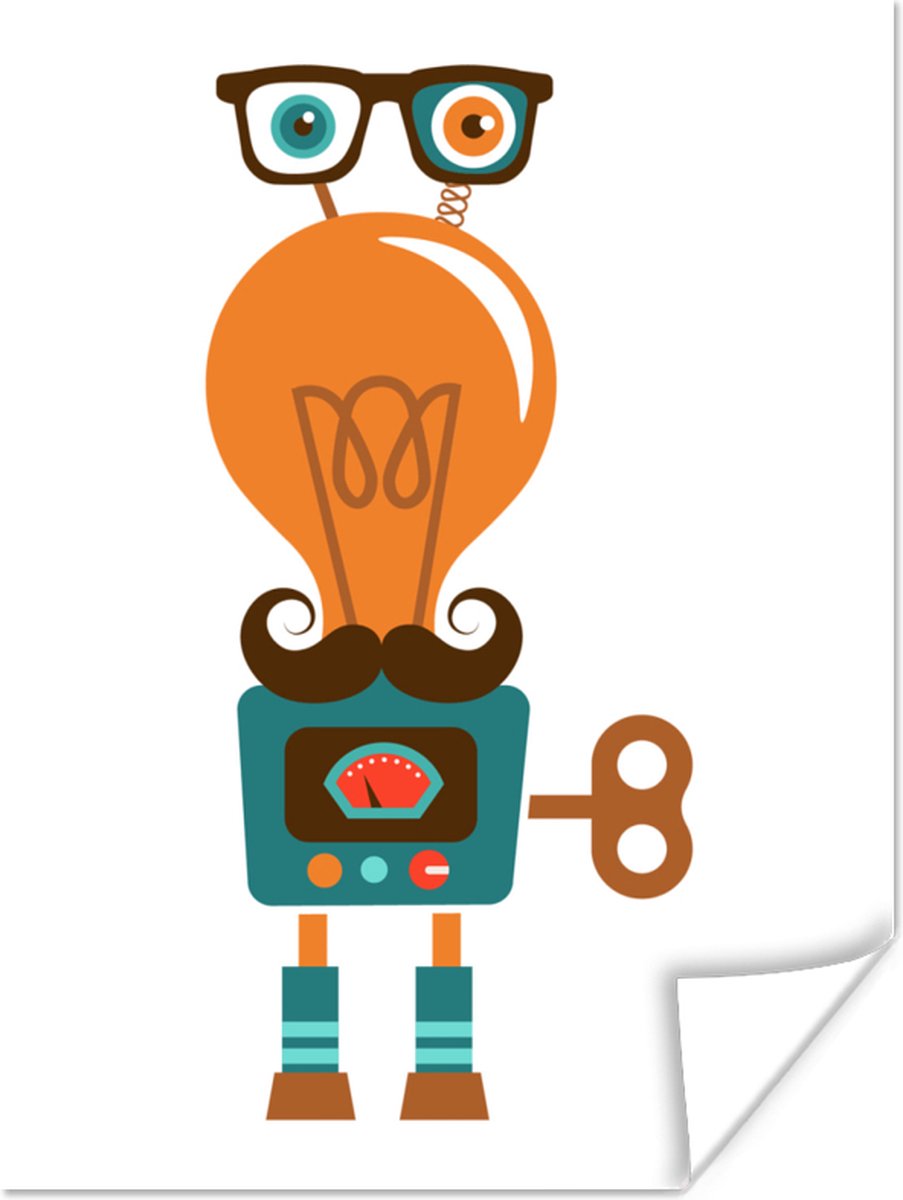 Poster 120x160 cm - Robot - Bril - Gloeilamp - Snor - Kinderen - Jongens - Posters - Kamer