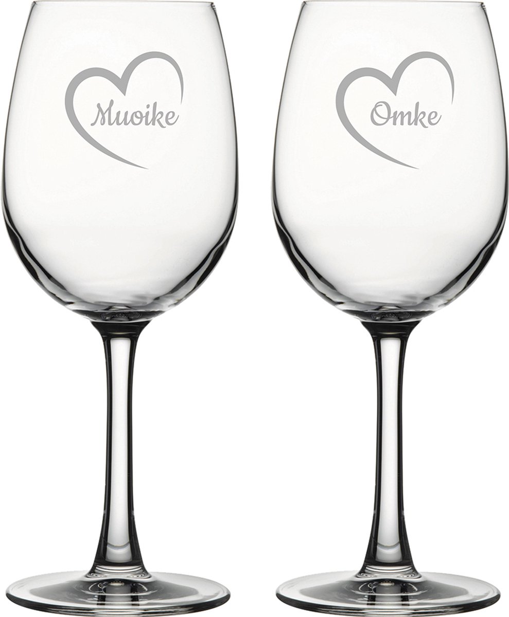 Gegraveerde witte wijnglas 36cl Muoike mei hert & Omke mei hert