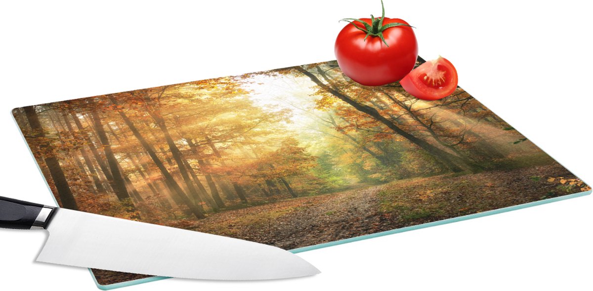 Glazen Snijplank - 39x28 - Bos - Herfst - Zon - Landschap - Natuur - Bomen - Bladeren - Snijplanken Glas