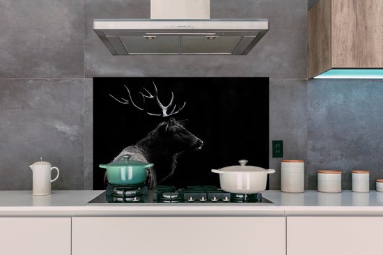 Spatscherm keuken 100x65 cm - Kookplaat achterwand Hert - Zwart - Portret - Gewei - Dieren - Muurbeschermer - Spatwand fornuis - Hoogwaardig aluminium