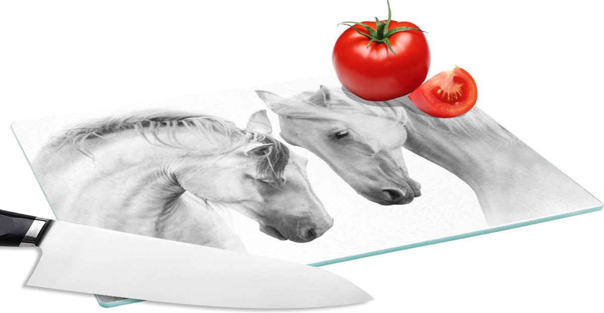 Glazen Snijplank - 28x20 - Paard - Dieren - Portret - Wit - Snijplanken Glas