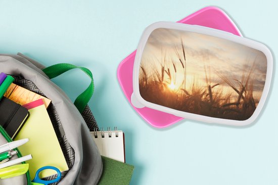 Broodtrommel Roze - Lunchbox - Brooddoos - Riet - Gras - Zonsondergang - Natuur - Horizon - 18x12x6 cm - Kinderen - Meisje
