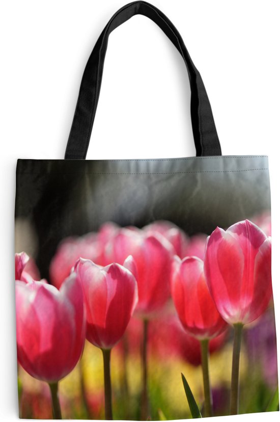 MuchoWow® Schoudertas - Strandtas - Big Shopper - Boodschappentas - Roze tulpenbloemen - 45x45 cm - Katoenen tas