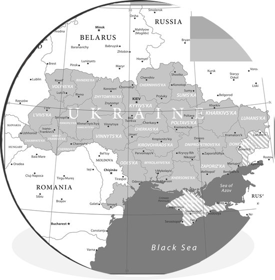 WallCircle - Wandcirkel - Muurcirkel - Illustratie van een kaart van Oekraïne met de vlag - zwart wit - Aluminium - Dibond - ⌀ 60 cm - Binnen en Buiten