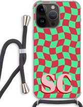 Gepersonaliseerd - Case Company® - Hoesje met koord geschikt voor iPhone 14 Pro Max hoesje met Koord - Grid Monogram - Telefoonhoesje met Zwart Koord - Extra Bescherming aan alle Kanten en Over de Schermrand