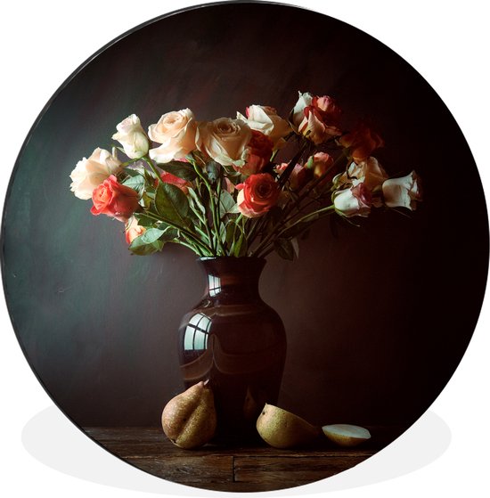 Cercle mural Roses aluminium - Nature morte aux roses dans vase et poires Cercle mural aluminium - ⌀ 60 cm - tableau rond - tirage photo sur aluminium / dibond / cercle mural / cercle vivant / cercle jardin (décoration murale)