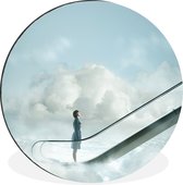 WallCircle - Wandcirkel - Muurcirkel - Science fiction vrouw op roltrap in lucht - Aluminium - Dibond - ⌀ 90 cm - Binnen en Buiten