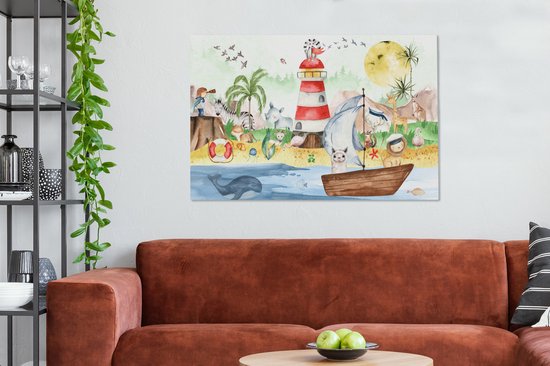 Toile - Chambre d'enfant - Enfant - Phare - Plage - Mer - Animaux - Bateau - Peinture sur toile - Toile canvas - 120x80 cm