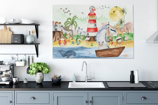 Toile - Chambre d'enfant - Enfant - Phare - Plage - Mer - Animaux - Bateau - Peinture sur toile - Toile canvas - 120x80 cm