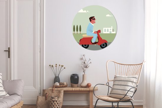 Illustration d'un homme sur un mur Vespa rouge cercle aluminium ⌀ 90 cm - tirage photo sur cercle mural / cercle vivant / cercle jardin (décoration murale)