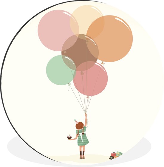 WallCircle - Wandcirkel - Muurcirkel - Een illustratie van een meisje met ballonnen - Aluminium - Dibond - ⌀ 60 cm - Binnen en Buiten