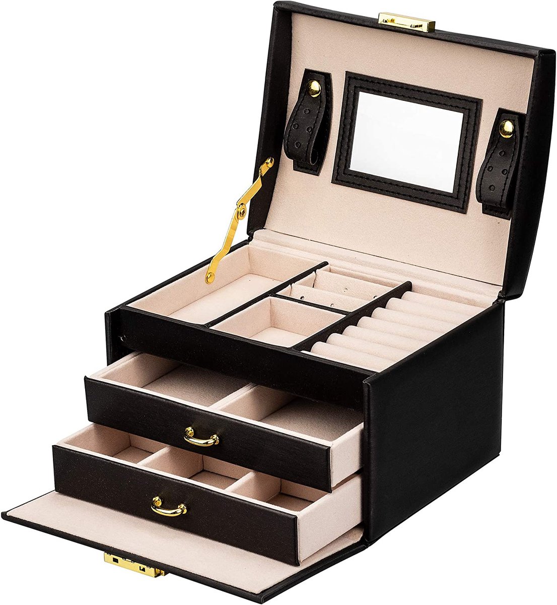 Adel Dream Sieradenkoffer, juwelenkoffer, afsluitbaar, 3 niveaus met 2 laden, met spiegel, voor ringen, oorbellen, halskettingen en armbanden, zwart