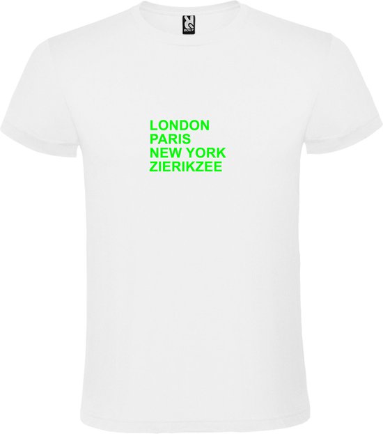 Wit T-Shirt met “ LONDON, PARIS, NEW YORK, ZIERIKZEE “ Afbeelding Neon Groen Size XXXXXL