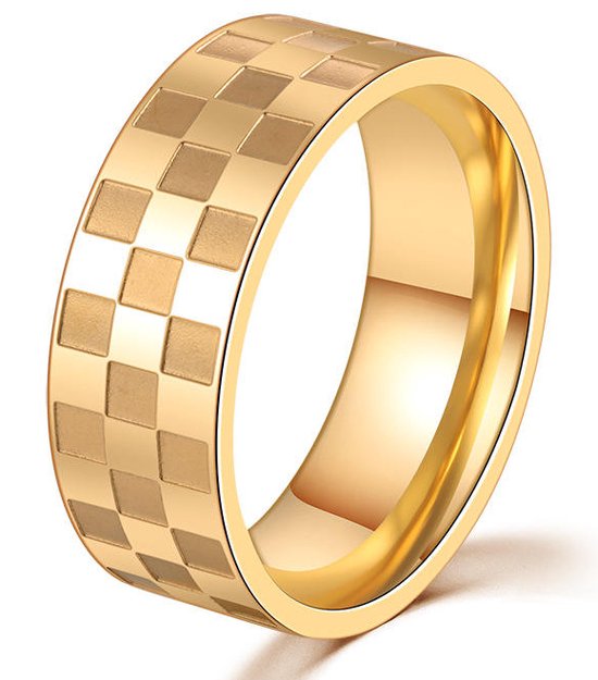 Heren Ring Goud kleurig met Ruitjes Patroon - Staal - Ringen - Cadeau voor Man - Mannen Cadeautjes