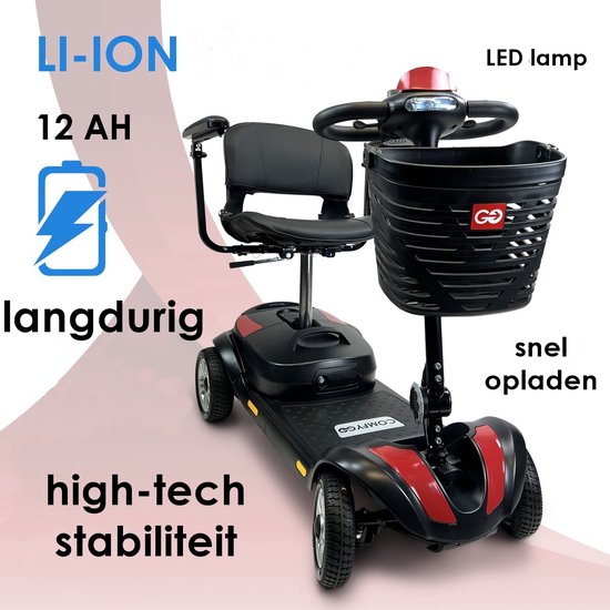 Zwarte scootmobiel met rode accenten, mand aan de voorkant, 'comfygo' logo op het plateau en 'LI-ION' batterij.