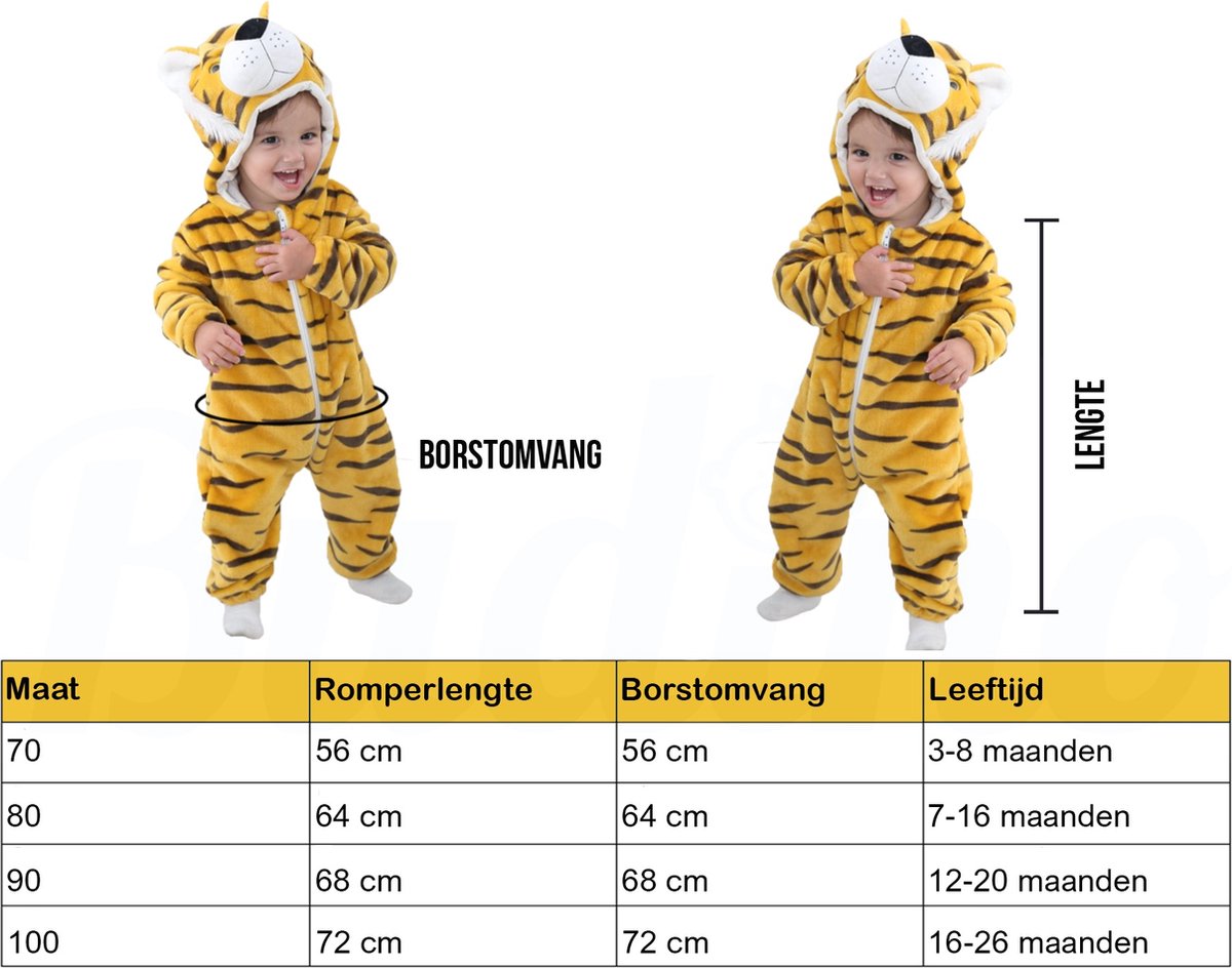 Budino® Baby Onesie - Baby Romper - Baby Pyjama - Baby Pakje - Baby Verkleedkleding - Carnavalskleding - Dier - Tijger - Bruin — afbeelding 6