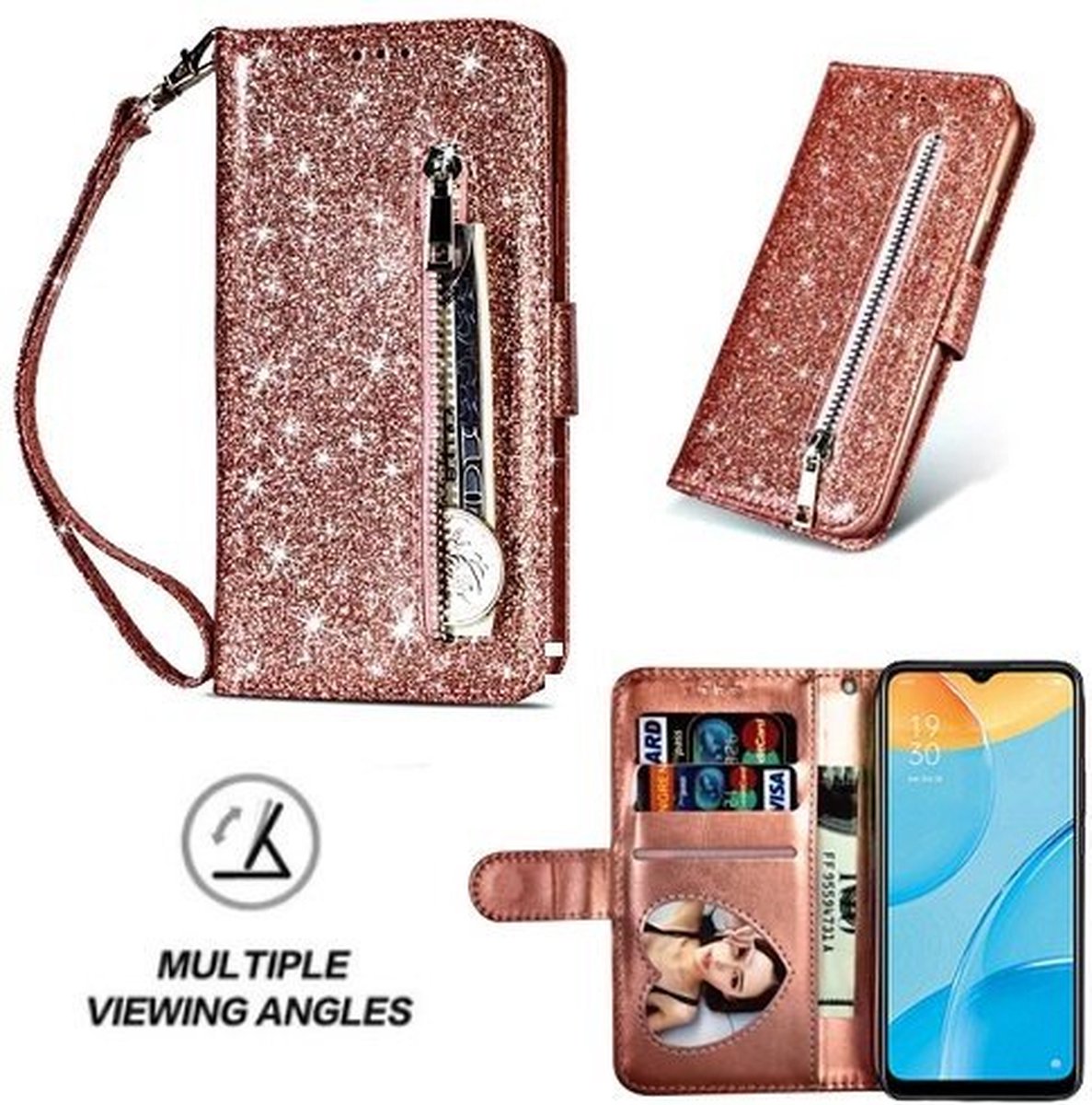 Oppo A15 Glitter Hoesje Met Pasjeshouder Bookcase Rose Goud
