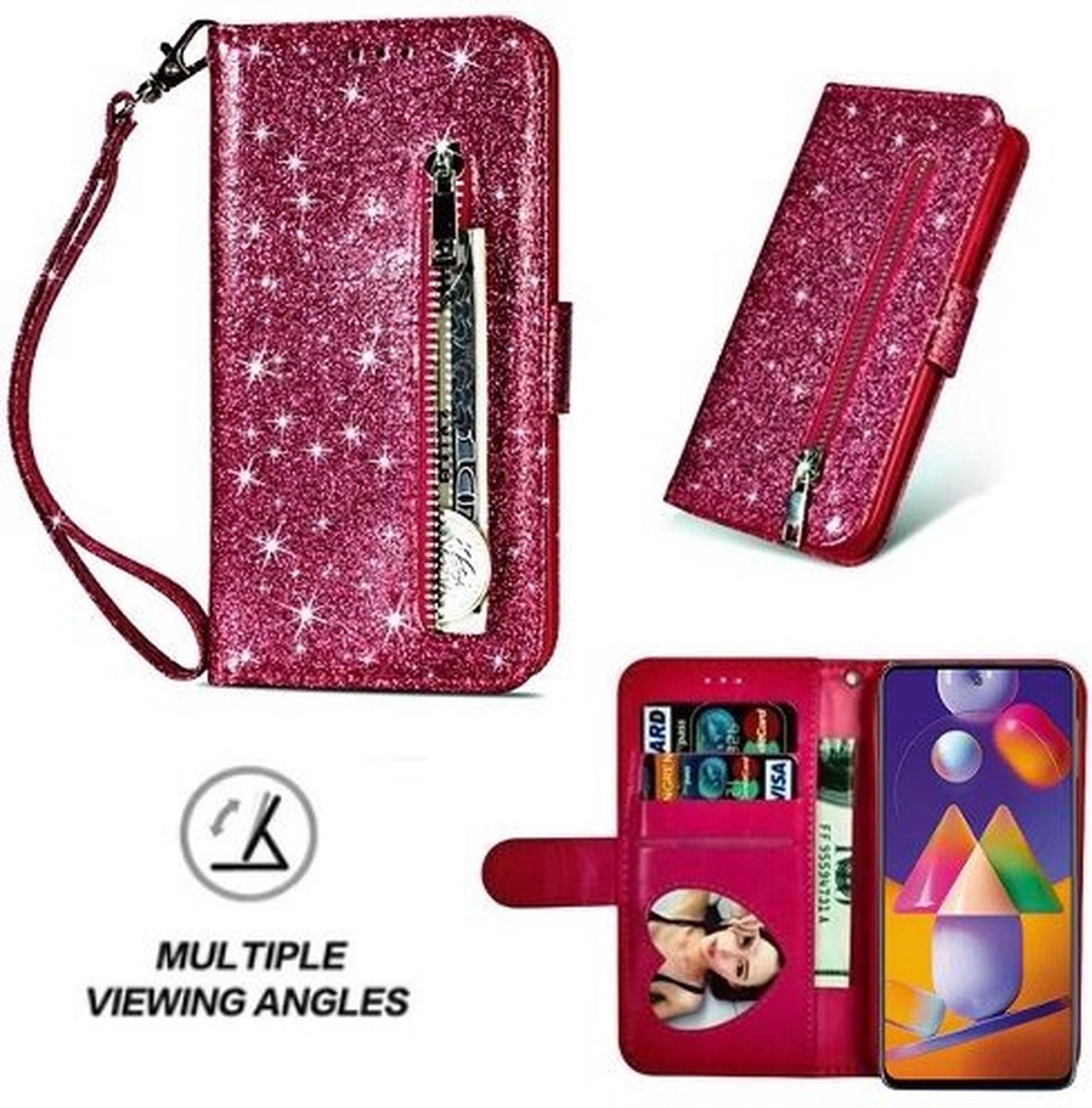Samsung M31s Glitter Hoesje Met Pasjeshouder Bookcase Roze