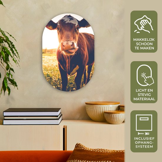 Ovale Mural - Décoration murale Plastique - Tableau Ovale - Vache - Coucher de Soleil - Fleurs - Prairie - 40x60 cm - Forme Miroir Ovale sur Plastique