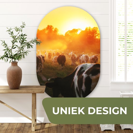 Ovale Mural - Ovale Mural - Décoration murale Plastique - Peinture Ovale - Vaches - Coucher de Soleil - Pâturage - Animaux - 80x120 cm - Forme Miroir Ovale sur Plastique