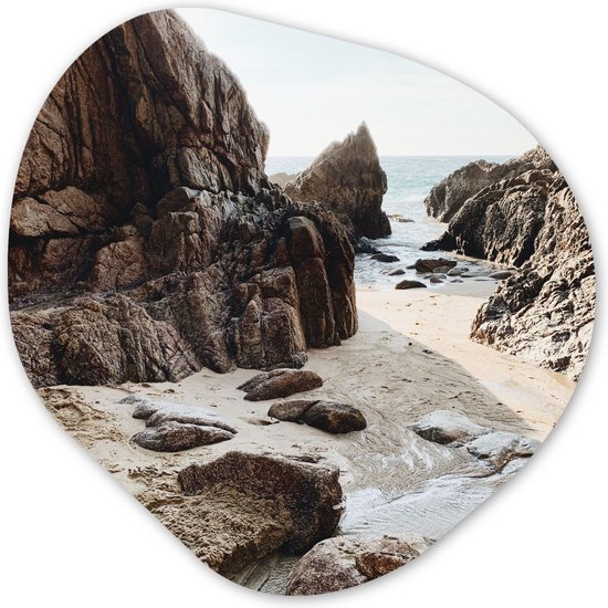 Décoration murale organique - Décoration murale en plastique - Peinture organique - Plage - Été - Rochers - 60x60 cm - Forme de miroir organique sur plastique