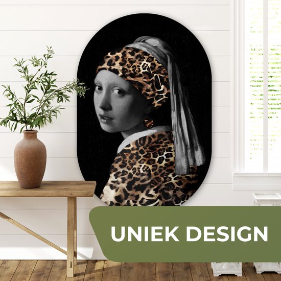 Wall Oval - Décoration murale en plastique - Peinture ovale - La jeune fille à la perle - Johannes Vermeer - Imprimé panthère - 80x120 cm - Forme miroir ovale sur plastique