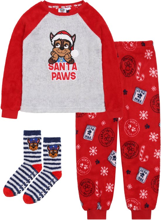 PAW PATROL Chase Cadeauset: jongens pyjama + sokken, fleece, grijs, rood / 122