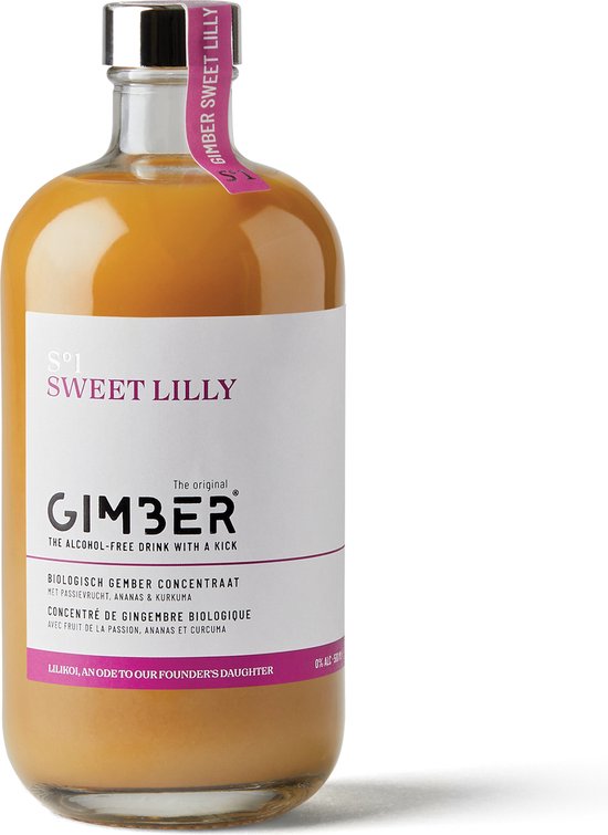 GIMBER Sweet Lilly Biologisch gemberconcentraat - 500 ml - alcoholvrije biologische drank van een mengsel van gember, passievrucht, ananas en kurkuma.