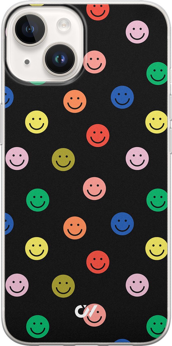 Hoesje geschikt voor Apple iPhone 14 - Retro Smileys - - Zwart - Apple - Casevibes