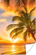 Poster Zonsondergang - Palmboom - Wolken - Zee - Strand - 120x180 cm XXL