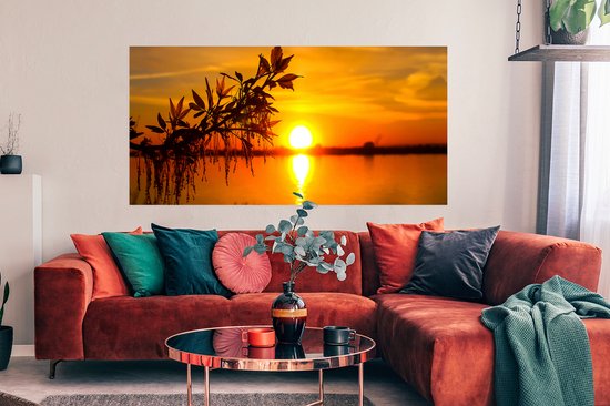 Poster Zonsondergang - Water - Planten - Oranje - 150x75 cm