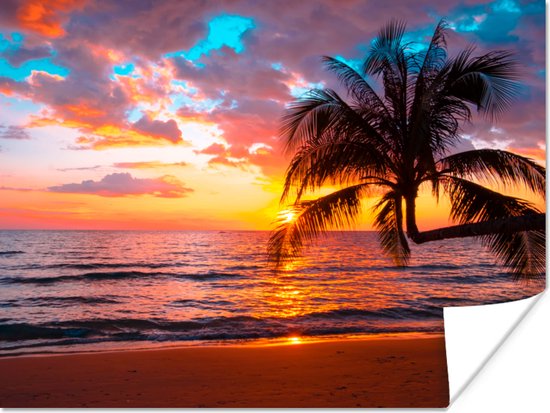 Poster Palm - Zonsondergang - Strand - Zee - Horizon - 120x90 cm