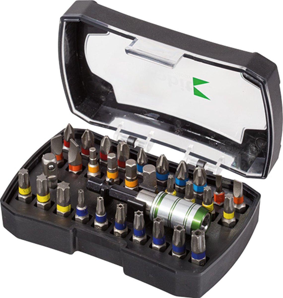 Schroefbitset, 31 delig, Bits Philips, Pozidrive, Torx, Hex, Sleuf, Incl. Magnetische Bithouder en Snelwisselkop, in stevige kunststof opbergdoos.