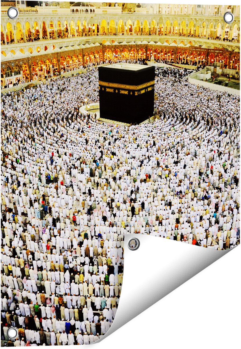 Gards Tuinposter Zwarte Steen in Mekka met Biddende Moslims - 40x50 cm - Tuindoek - Tuindecoratie - Wanddecoratie buiten - Tuinschilderij Multikleur