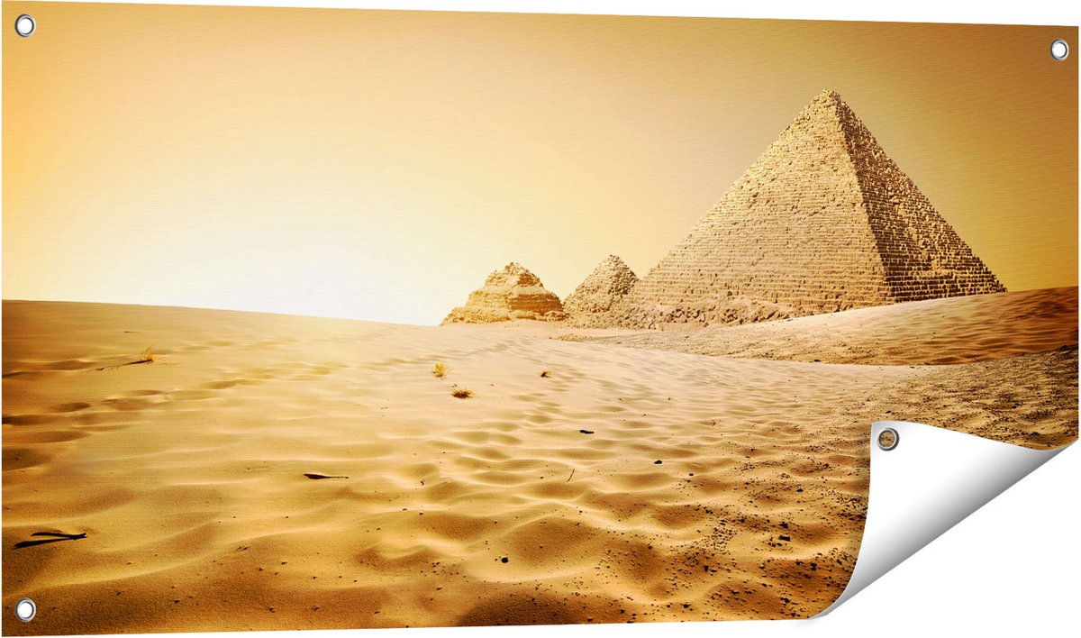 Gards Tuinposter Egyptische Piramides - Egypte - 100x50 cm - Tuindoek - Tuindecoratie - Wanddecoratie buiten - Tuinschilderij Multikleur