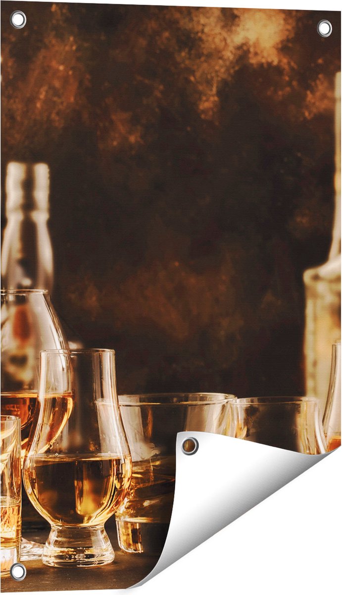 Gards Tuinposter Glazen met Sterke Drank - Flessen - 40x60 cm - Tuindoek - Tuindecoratie - Wanddecoratie buiten - Tuinschilderij Multikleur