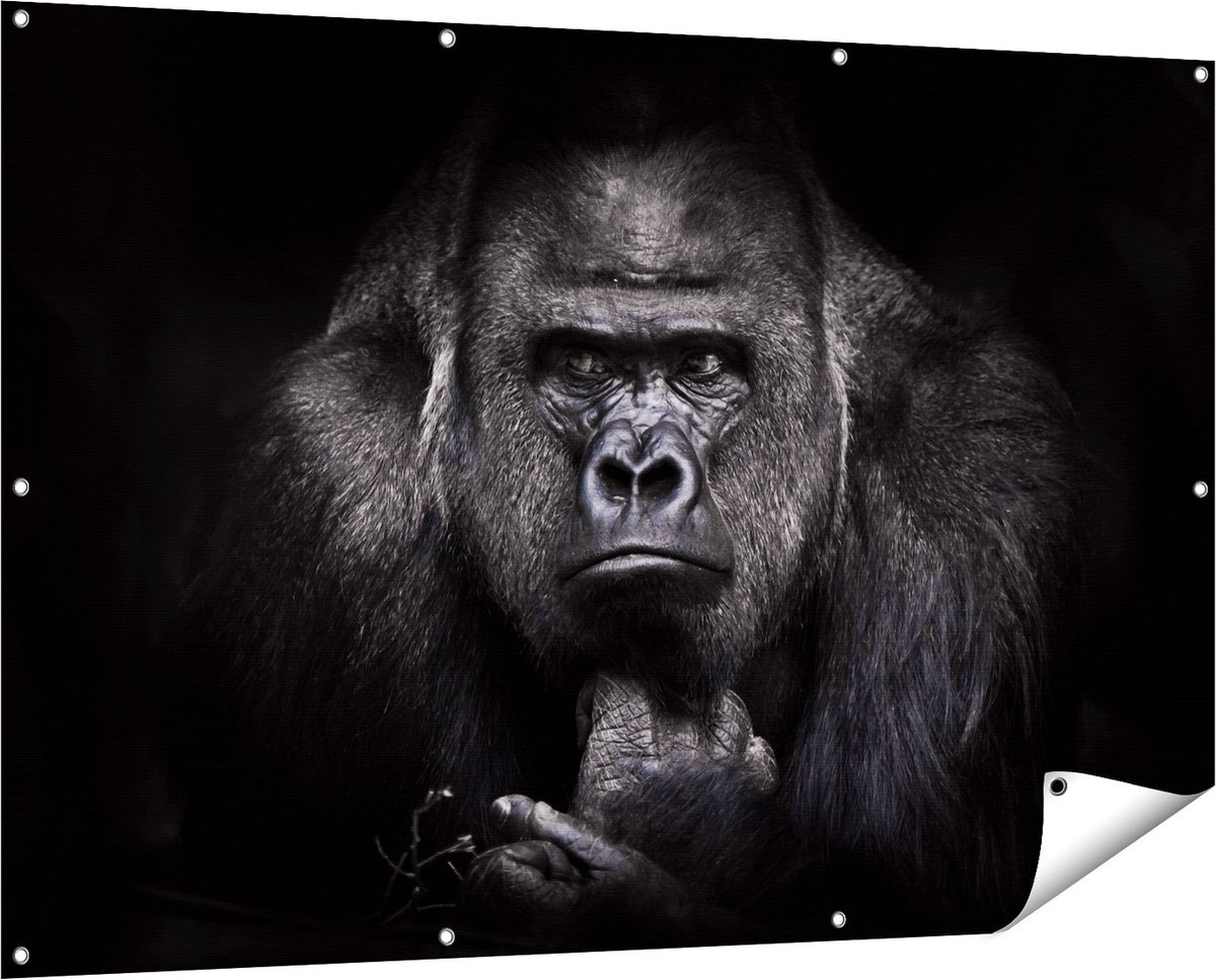 Gards Tuinposter Gorilla - Zwart Wit - 150x100 cm - Tuindoek - Tuindecoratie - Wanddecoratie buiten - Tuinschilderij Multikleur