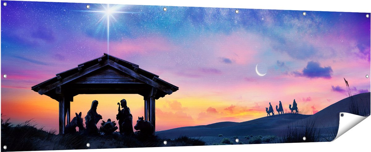 Gards Tuinposter Heilige Familie van Jezus met de Ster van Bethlehem - 210x70 cm - Tuindoek - Tuindecoratie - Wanddecoratie buiten - Tuinschilderij Multikleur