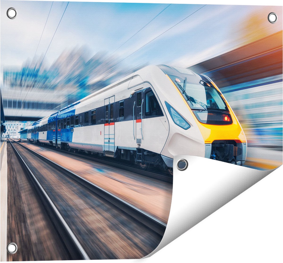 Gards Tuinposter Trein bij het Station - 50x40 cm - Tuindoek - Tuindecoratie - Wanddecoratie buiten - Tuinschilderij Multikleur