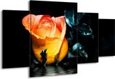 GroepArt - Schilderij -  Roos - Geel, Oranje, Zwart - 160x90cm 4Luik - Schilderij Op Canvas - Foto Op Canvas