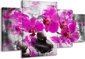 GroepArt - Schilderij -  Orchidee - Roze, Grijs, Wit - 160x90cm 4Luik - Schilderij Op Canvas - Foto Op Canvas