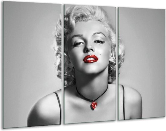 Glasschilderij Marilyn Monroe - Grijs, Zwart, Rood - 120x80cm 3Luik - Foto Op Glas - Geen Acrylglas Schilderij - GroepArt 6000+ Glas Art Collectie - Maatwerk Mogelijk