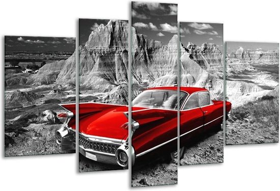 Glasschilderij Oldtimer, Auto - Grijs, Rood - 170x100cm 5Luik - Foto Op Glas - Geen Acrylglas Schilderij - 6000+ Glasschilderijen Collectie - Wanddecoratie