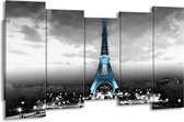 GroepArt - Canvas Schilderij - Parijs, Eiffeltoren - Zwart, Wit, Blauw - 150x80cm 5Luik- Groot Collectie Schilderijen Op Canvas En Wanddecoraties