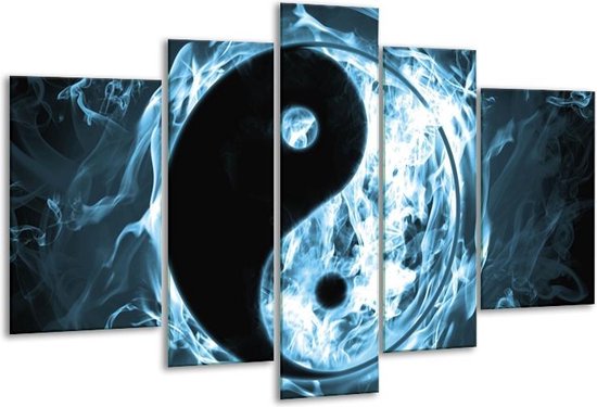Glasschilderij Jin Jang - Zwart, Grijs, Blauw - 170x100cm 5Luik - Foto Op Glas - Geen Acrylglas Schilderij - 6000+ Glasschilderijen Collectie - Wanddecoratie