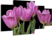 GroepArt - Schilderij -  Tulpen - Paars, Groen, Zwart - 160x90cm 4Luik - Schilderij Op Canvas - Foto Op Canvas