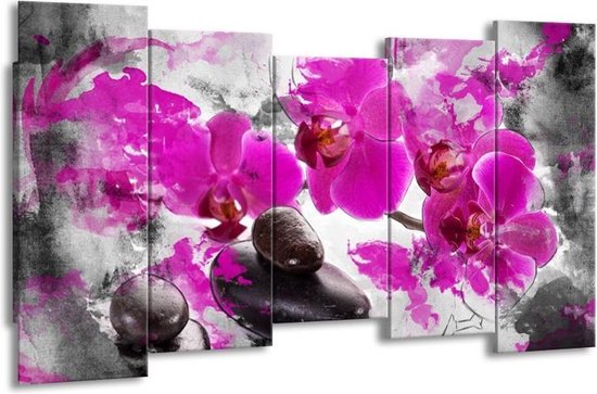 GroepArt - Canvas Schilderij - Orchidee - Roze, Grijs, Wit - 150x80cm 5Luik- Groot Collectie Schilderijen Op Canvas En Wanddecoraties