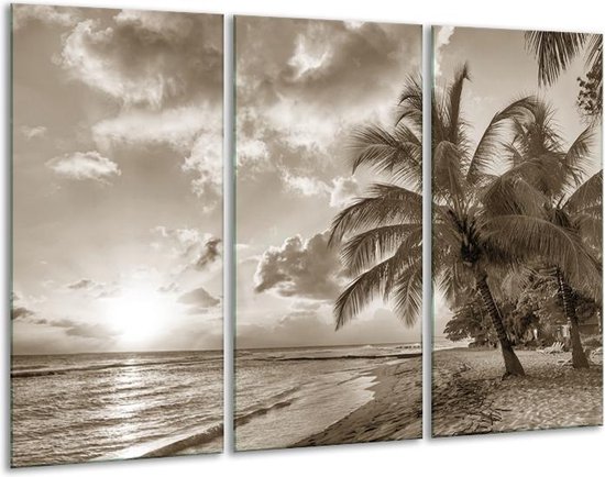 GroepArt - Schilderij -  Zee, Strand - Sepia - 120x80cm 3Luik - 6000+ Schilderijen 0p Canvas Art Collectie