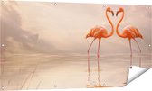 Gards Tuinposter Twee Flamingo's in een Hartjes Vorm - 140x70 cm - Tuindoek - Tuindecoratie - Wanddecoratie buiten - Tuinschilderij